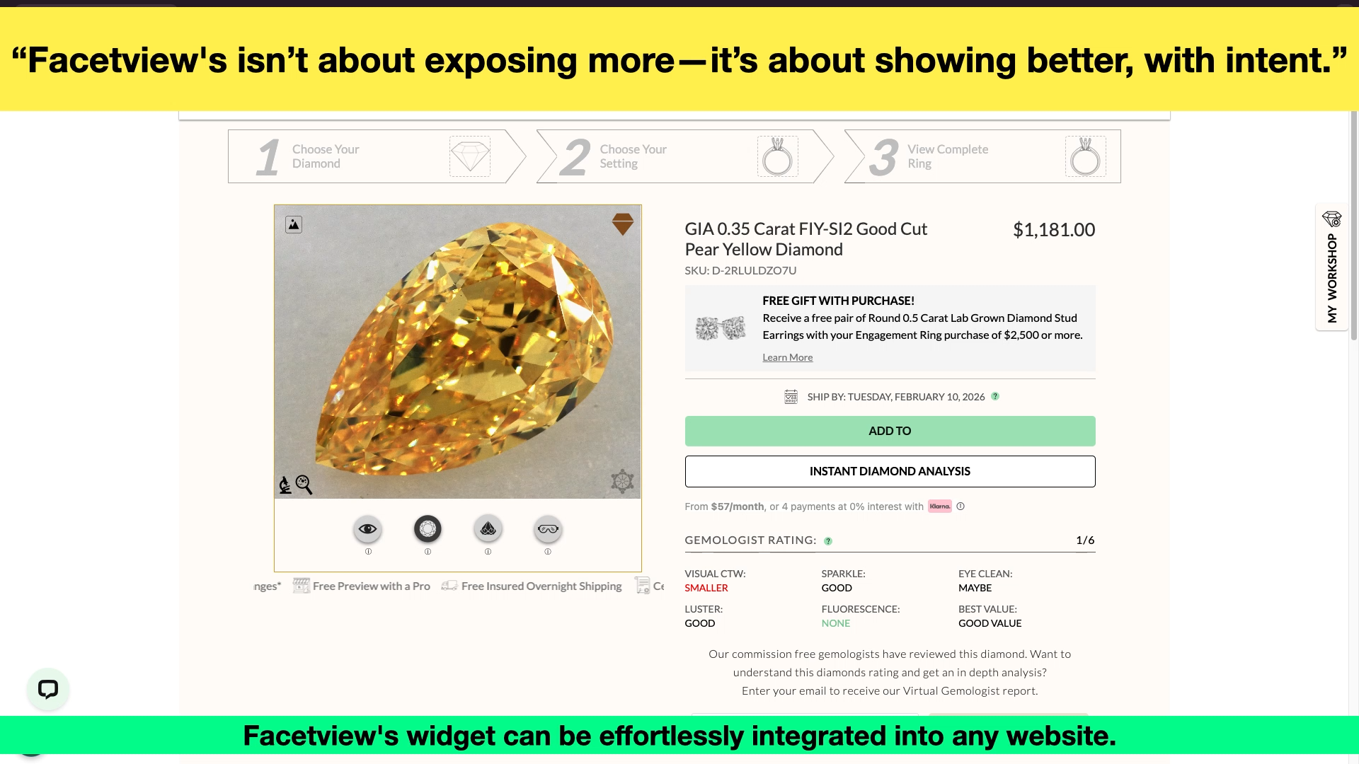 FacetView widget embedded in a diamond retailer's product page — showing a fancy yellow pear diamond with GIA grade details