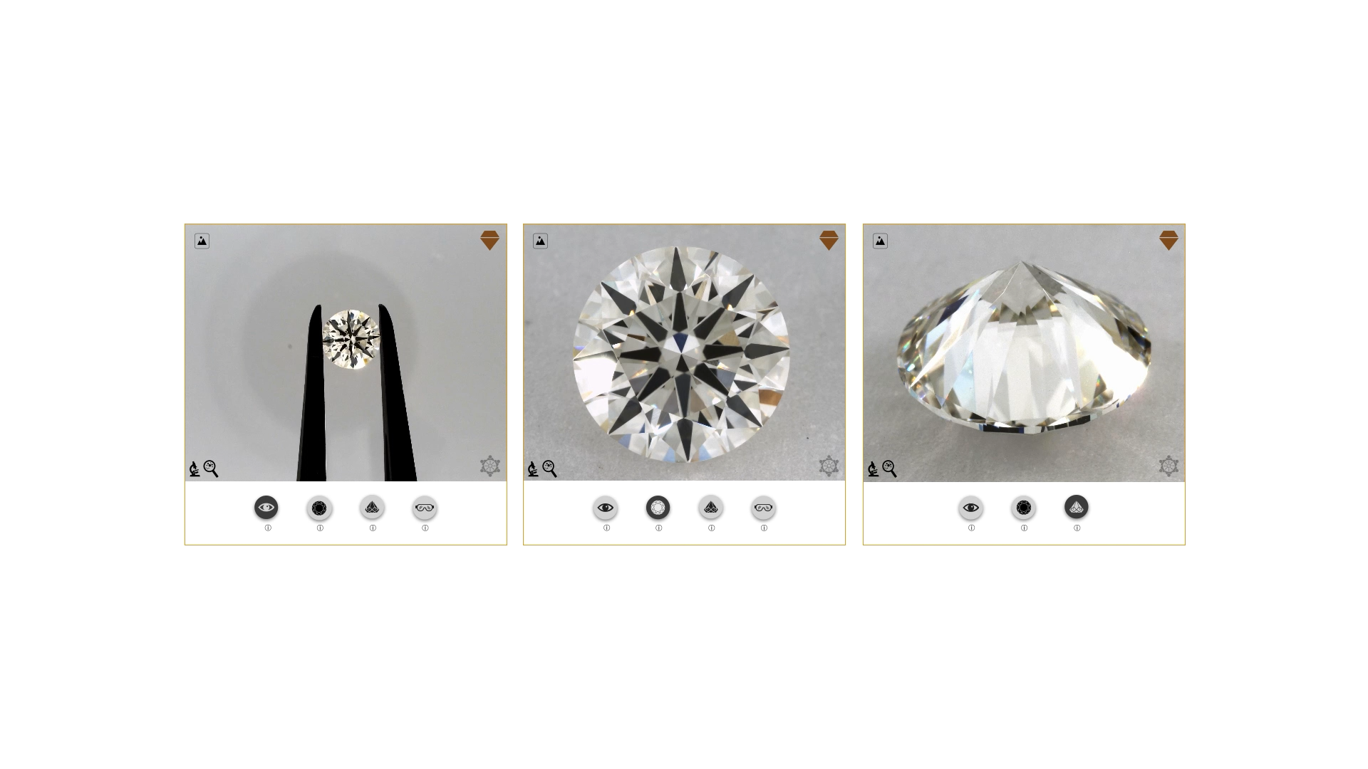 FacetView widget — three simultaneous views of a diamond: Eye-Clean, Face-up and 3D side